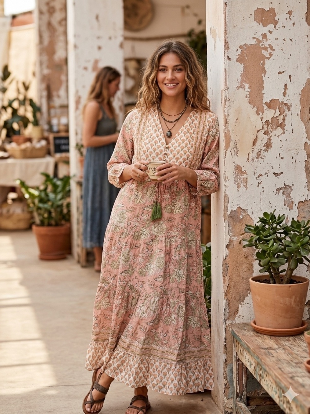 Floral Tassel V-Neck Maxi Dress in Blush Pink